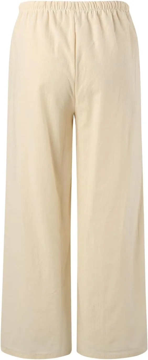 Womens Cotton Linen Palazzo Pants Casual Summer Beach Flowy Drawstring Elastic Waist Wide Leg Trousers with Pockets