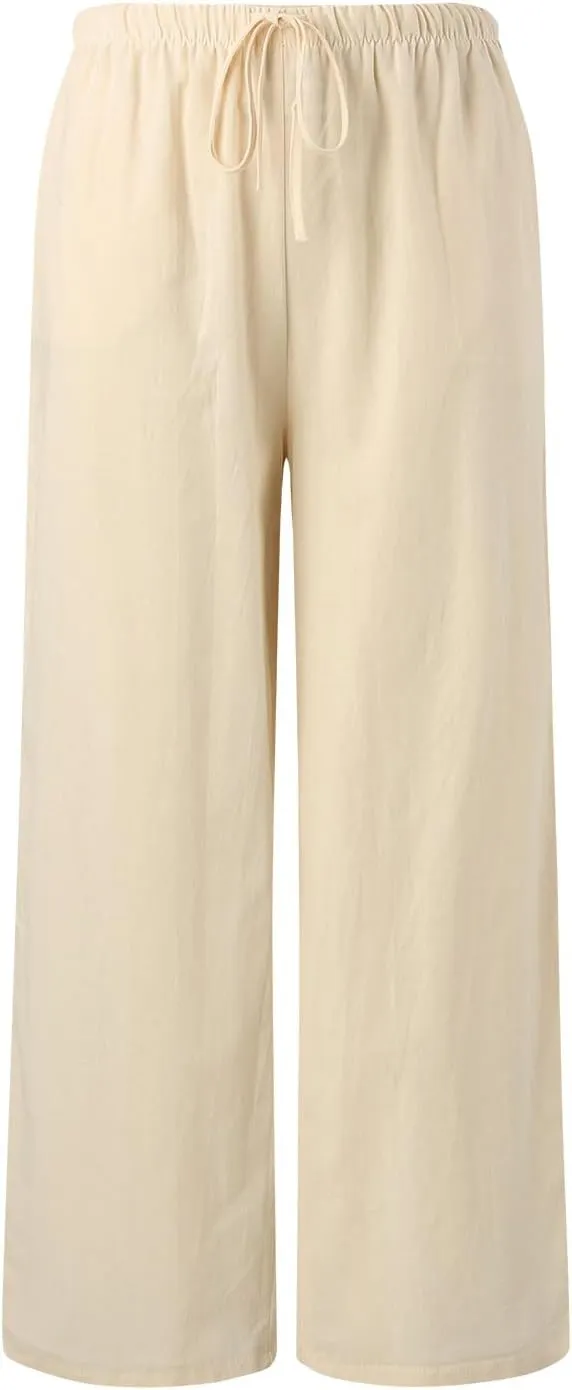 Womens Cotton Linen Palazzo Pants Casual Summer Beach Flowy Drawstring Elastic Waist Wide Leg Trousers with Pockets