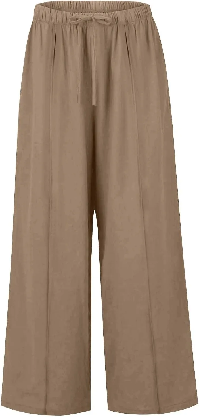 Womens Cotton Linen Palazzo Pants Drawstring Elastic Waist Casual Wide Leg Trousers Summer Beach Pants with Pockets