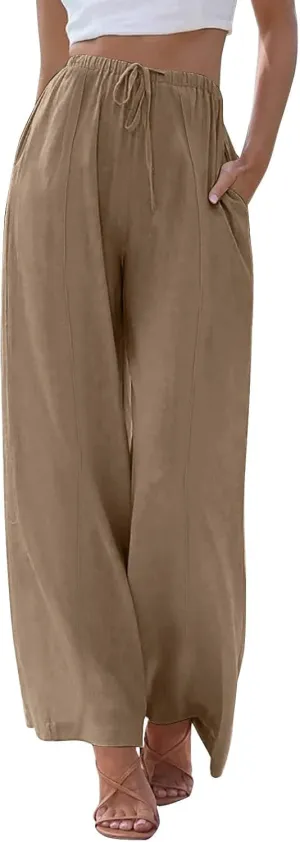 Womens Cotton Linen Palazzo Pants Drawstring Elastic Waist Casual Wide Leg Trousers Summer Beach Pants with Pockets