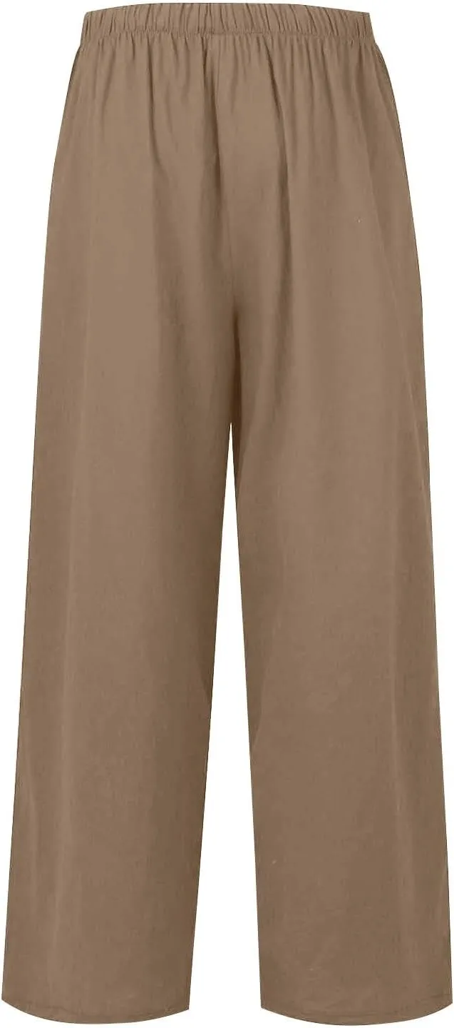 Womens Cotton Linen Palazzo Pants Drawstring Elastic Waist Casual Wide Leg Trousers Summer Beach Pants with Pockets