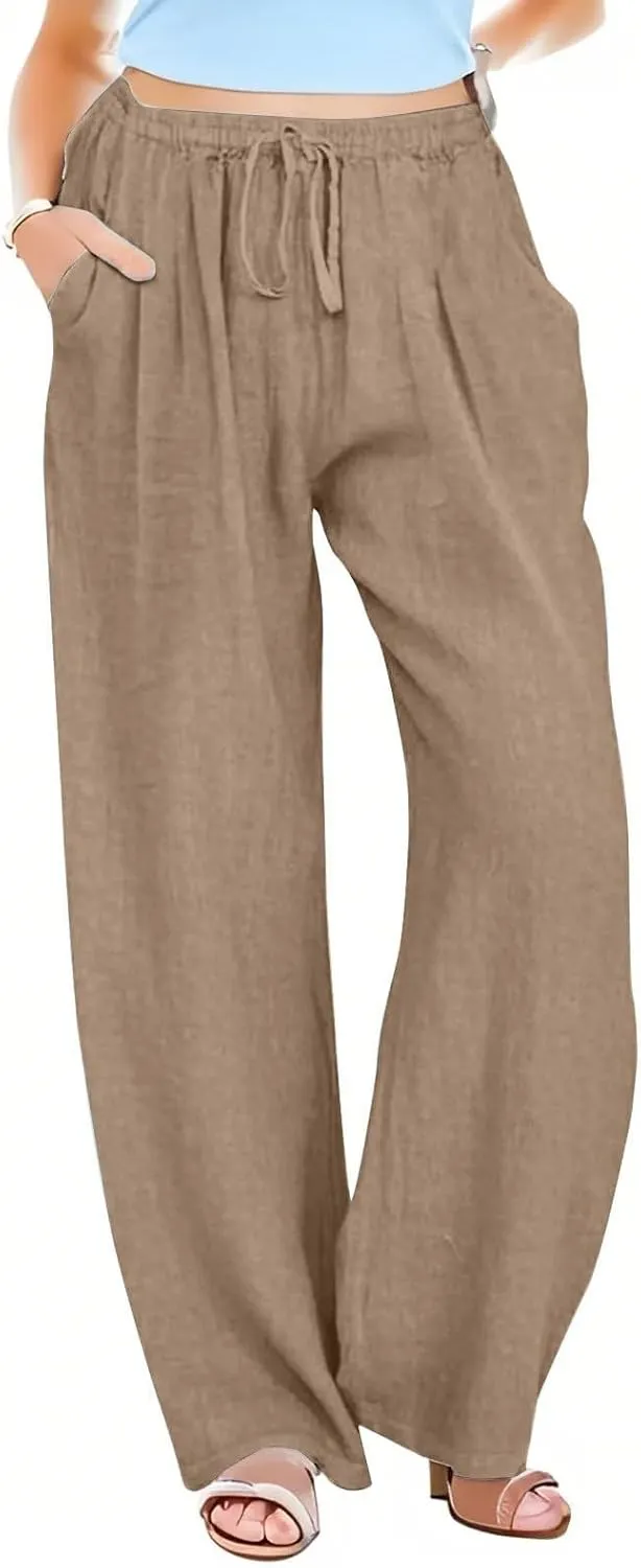 Womens Cotton Linen Palazzo Pants Drawstring Elastic Waist Casual Wide Leg Trousers Summer Beach Pants with Pockets
