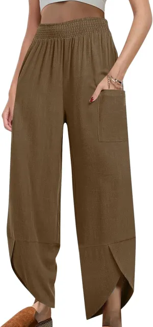 Women's Cotton Linen Palazzo Pants, Fashion Irregular Hem Summer Casual Clothes Elastic Waist Pockets Home Trousers