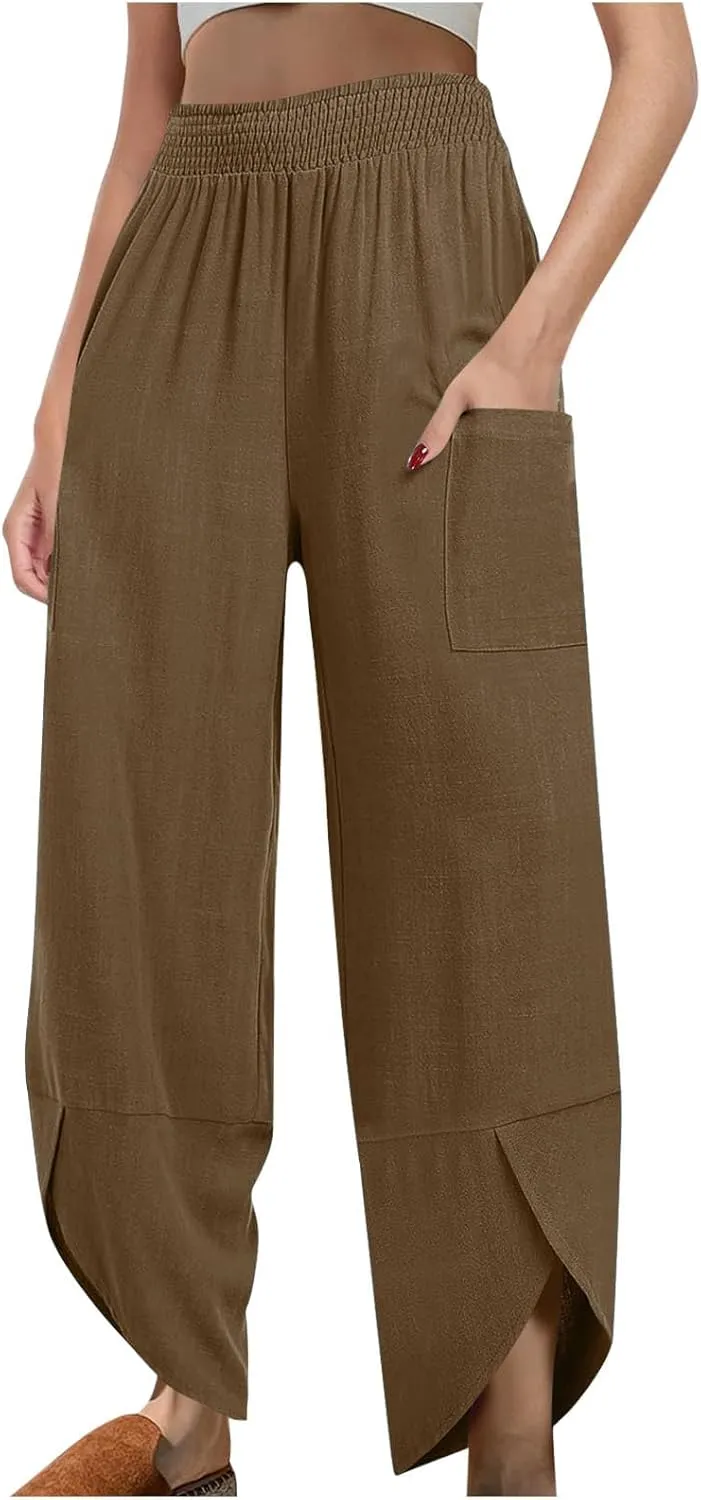 Women's Cotton Linen Palazzo Pants, Fashion Irregular Hem Summer Casual Clothes Elastic Waist Pockets Home Trousers