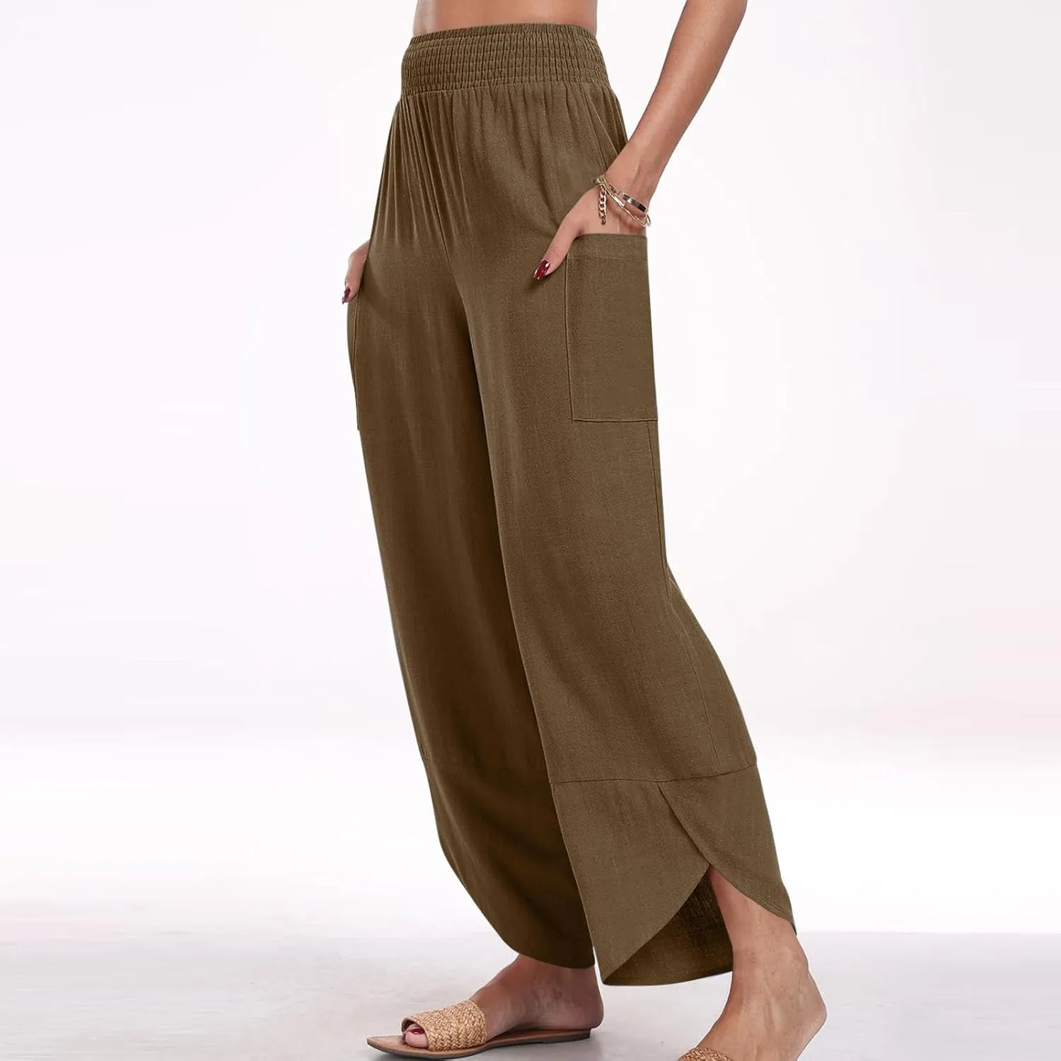 Women's Cotton Linen Palazzo Pants, Fashion Irregular Hem Summer Casual Clothes Elastic Waist Pockets Home Trousers