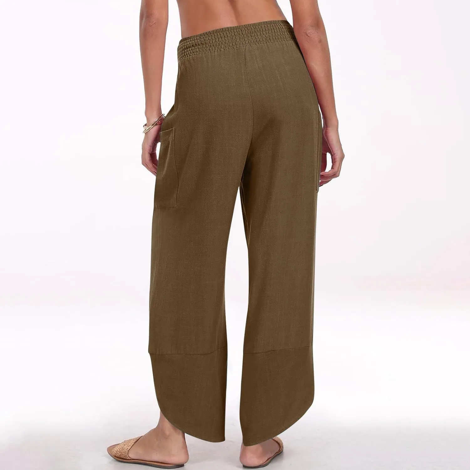 Women's Cotton Linen Palazzo Pants, Fashion Irregular Hem Summer Casual Clothes Elastic Waist Pockets Home Trousers