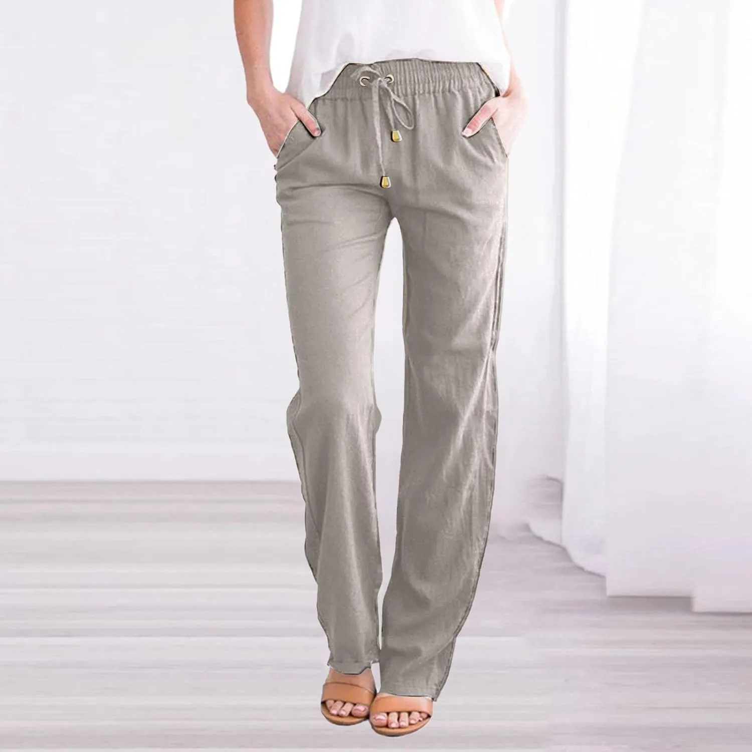 Women's Cotton Linen Pants 2025 Summer Casual Elastic Waist Trousers Relax Fit Comfy Yoga Beach Pant Sweatpants