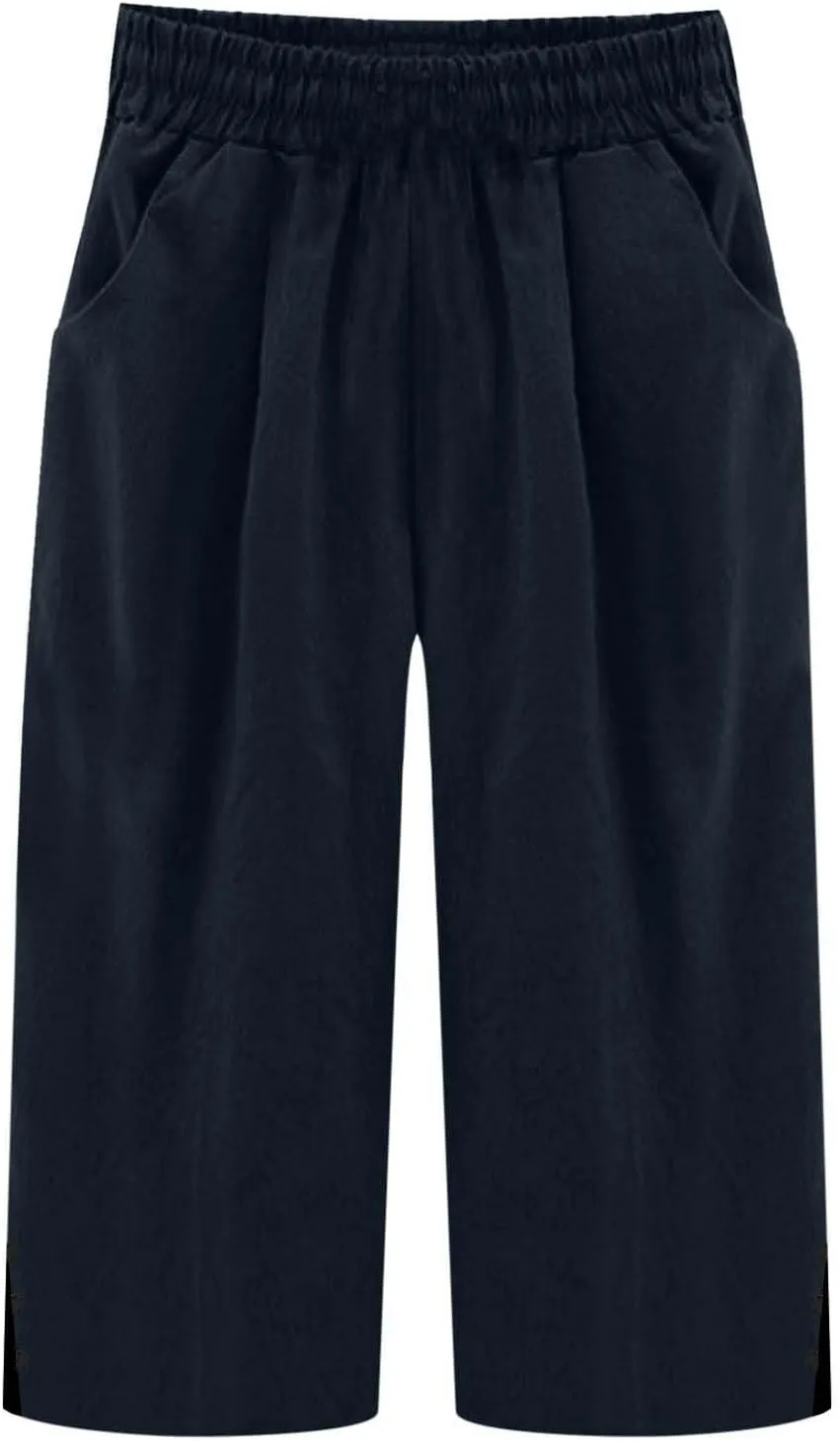 Womens Cotton Linen Pants Casual Straight Leg Pant Summer Trendy Elastic High Waist Wide Leg Trousers with Slit Hem