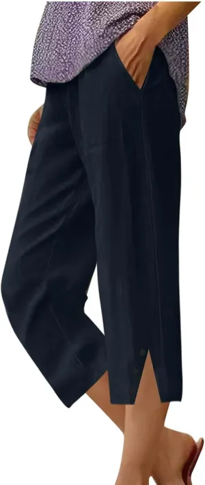 Womens Cotton Linen Pants Casual Straight Leg Pant Summer Trendy Elastic High Waist Wide Leg Trousers with Slit Hem