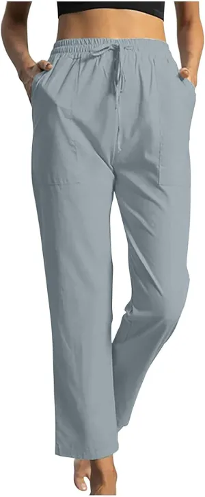 Womens Cotton Linen Pants Solid Color Wide Leg Trousers Casual Elastic High Waisted Slacks with Pockets