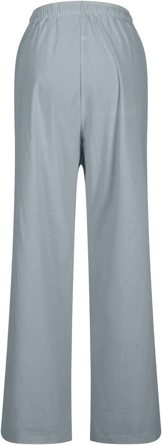 Womens Cotton Linen Pants Solid Color Wide Leg Trousers Casual Elastic High Waisted Slacks with Pockets