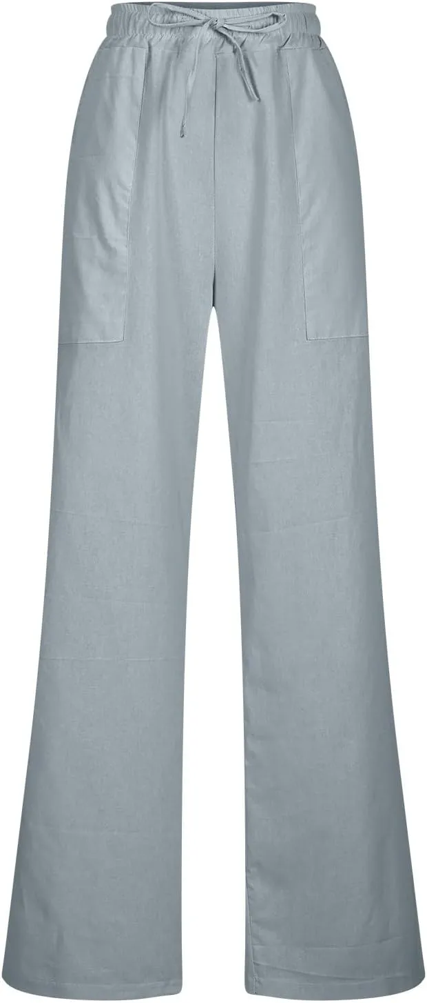 Womens Cotton Linen Pants Solid Color Wide Leg Trousers Casual Elastic High Waisted Slacks with Pockets