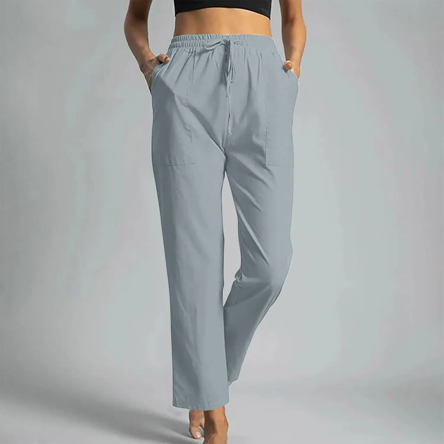 Womens Cotton Linen Pants Solid Color Wide Leg Trousers Casual Elastic High Waisted Slacks with Pockets