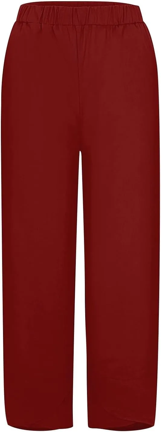 Women's Cotton Linen Pants Summer 2025 Casual Capri Pants with Pockets High Waisted Comfy Baggy Cropped Trousers