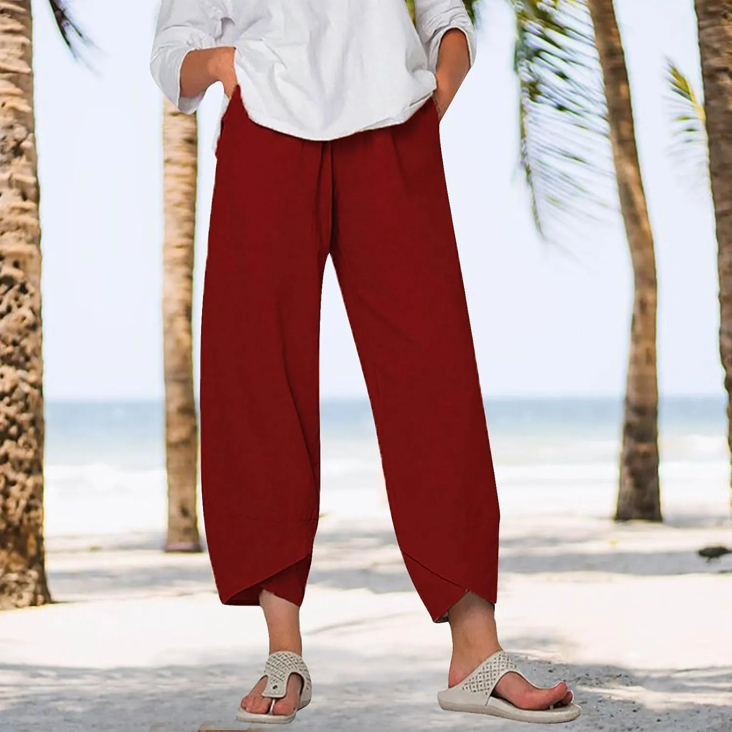 Women's Cotton Linen Pants Summer 2025 Casual Capri Pants with Pockets High Waisted Comfy Baggy Cropped Trousers