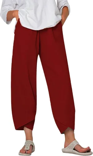 Women's Cotton Linen Pants Summer 2025 Casual Capri Pants with Pockets High Waisted Comfy Baggy Cropped Trousers
