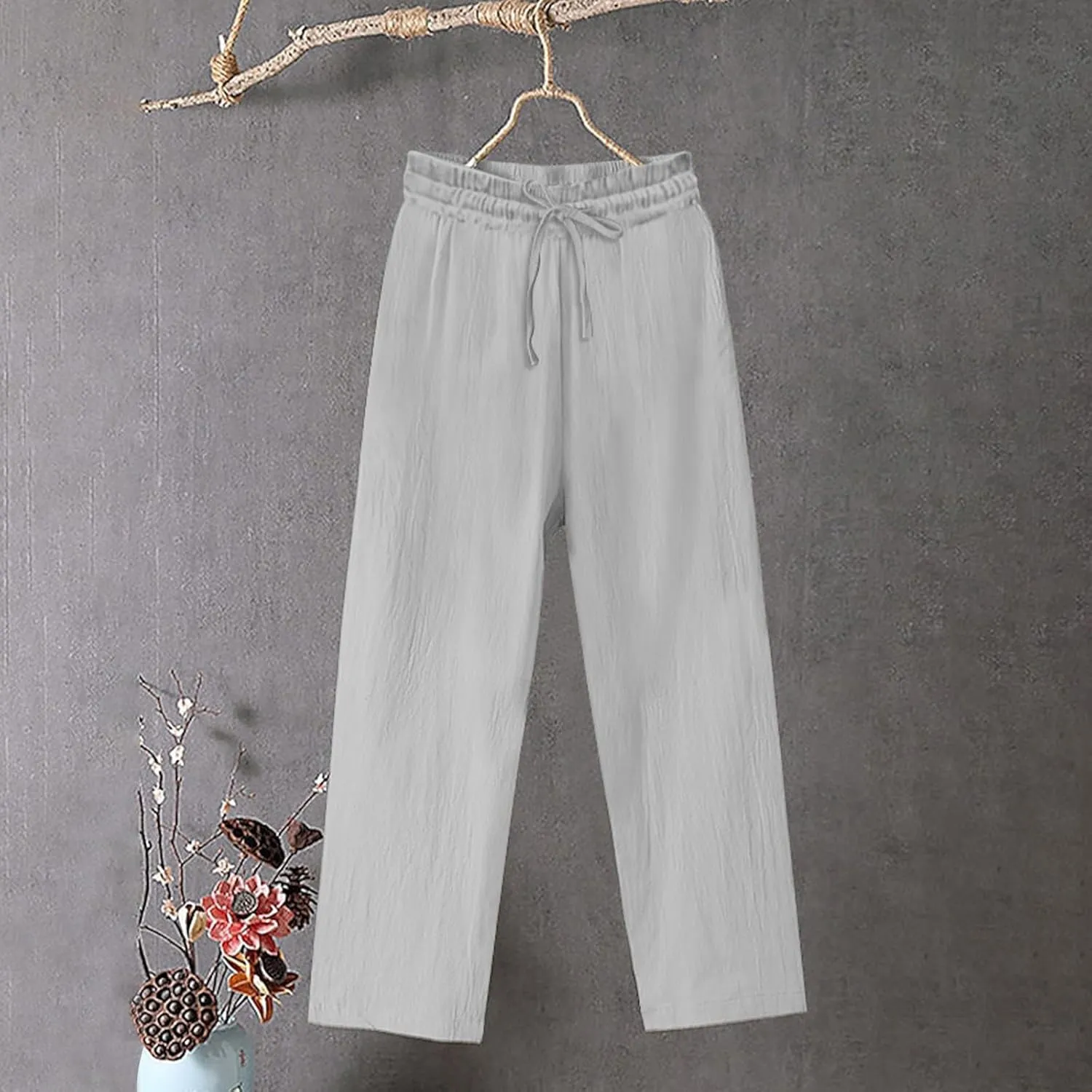 Womens Cotton Linen Pants Summer Casual Beach Pant Drawstring Flowy Traveling Straight Leg Palazzo Trousers