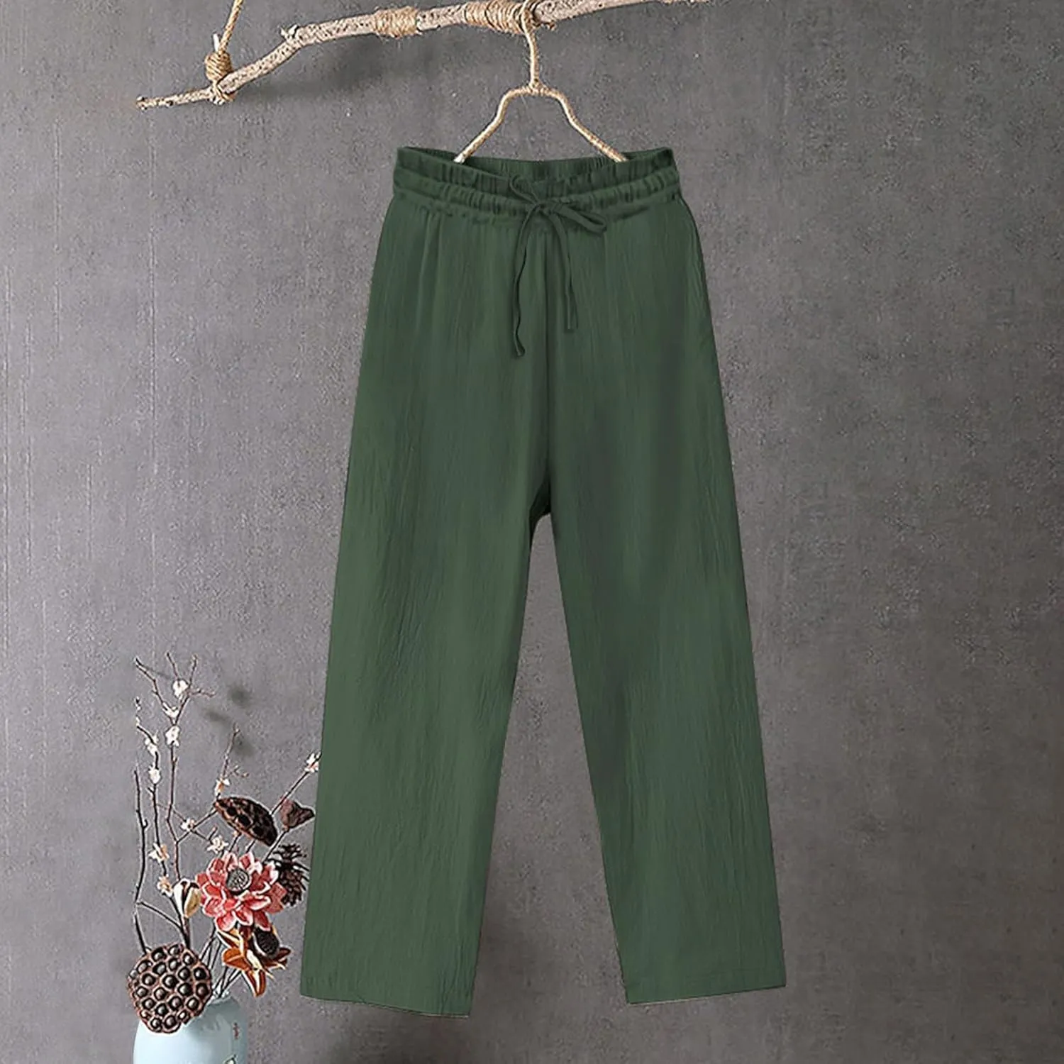 Womens Cotton Linen Pants Summer Casual Beach Pant Drawstring Flowy Traveling Straight Leg Palazzo Trousers