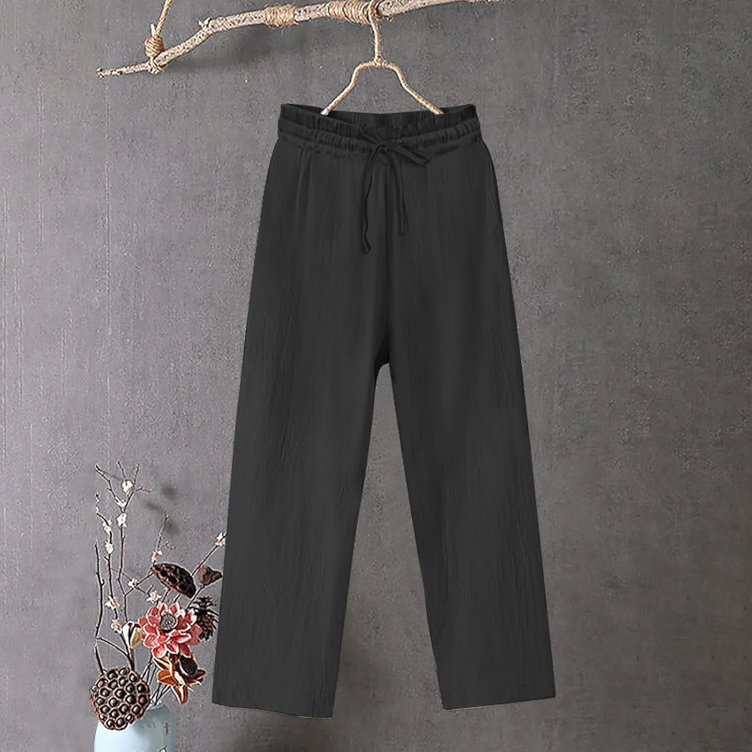 Womens Cotton Linen Pants Summer Casual Beach Pant Drawstring Flowy Traveling Straight Leg Palazzo Trousers