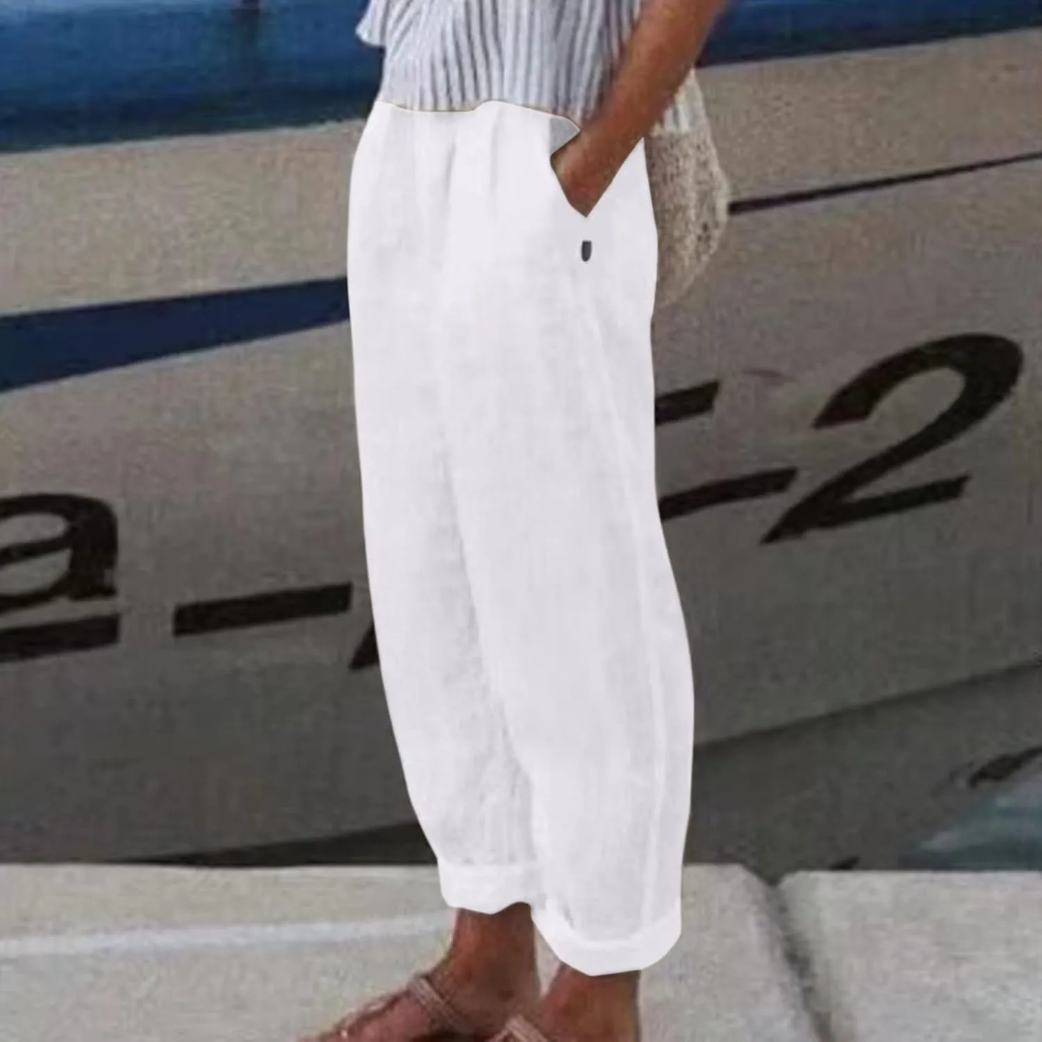 Womens Cotton Linen Pants Summer Casual Loose Beach Pant Lightweight High Waist Cropped Baggy Trousers with Pockets