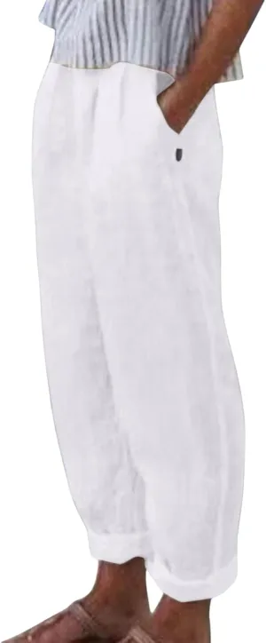 Womens Cotton Linen Pants Summer Casual Loose Beach Pant Lightweight High Waist Cropped Baggy Trousers with Pockets