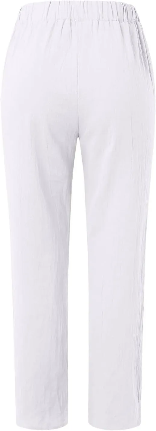 Womens Cotton Linen Pants Summer Casual Loose Beach Pant Lightweight High Waist Cropped Baggy Trousers with Pockets