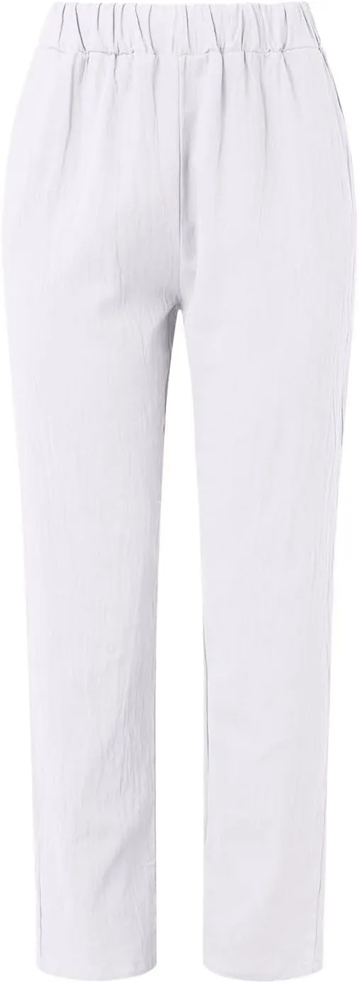 Womens Cotton Linen Pants Summer Casual Loose Beach Pant Lightweight High Waist Cropped Baggy Trousers with Pockets