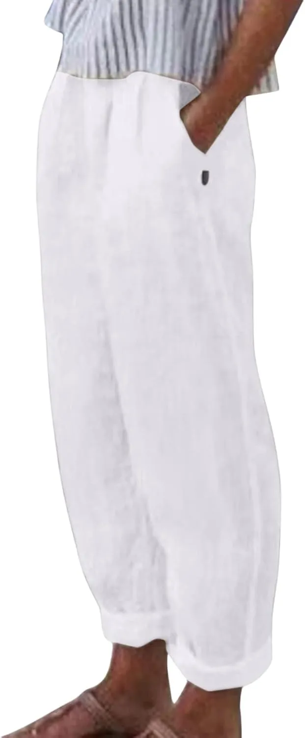 Womens Cotton Linen Pants Summer Casual Loose Beach Pant Lightweight High Waist Cropped Baggy Trousers with Pockets