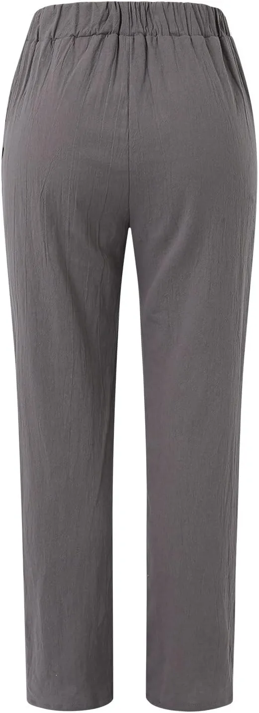 Womens Cotton Linen Pants Summer Casual Solid Color Boho Plus Size High Waisted Linen Pants Plus Size Trousers with Pockets