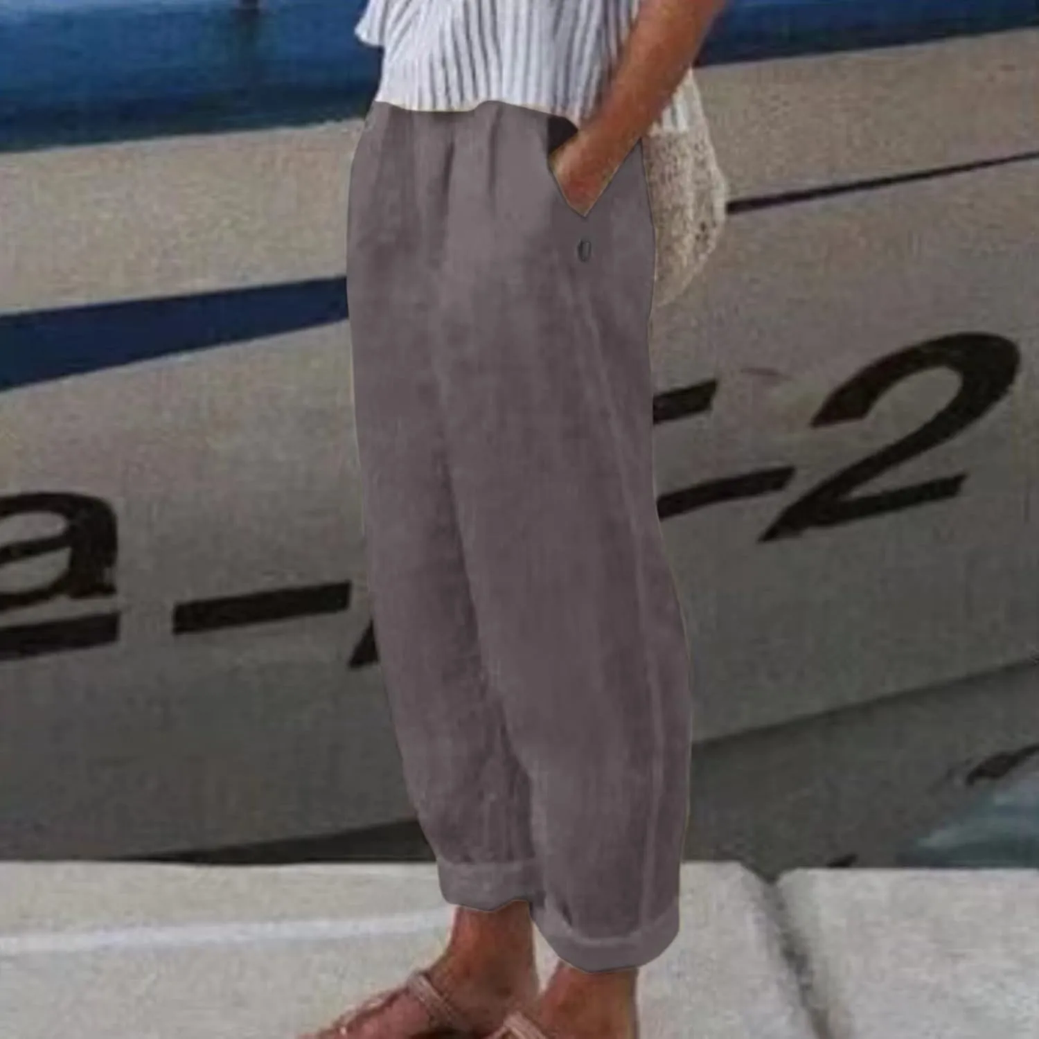 Womens Cotton Linen Pants Summer Casual Solid Color Boho Plus Size High Waisted Linen Pants Plus Size Trousers with Pockets