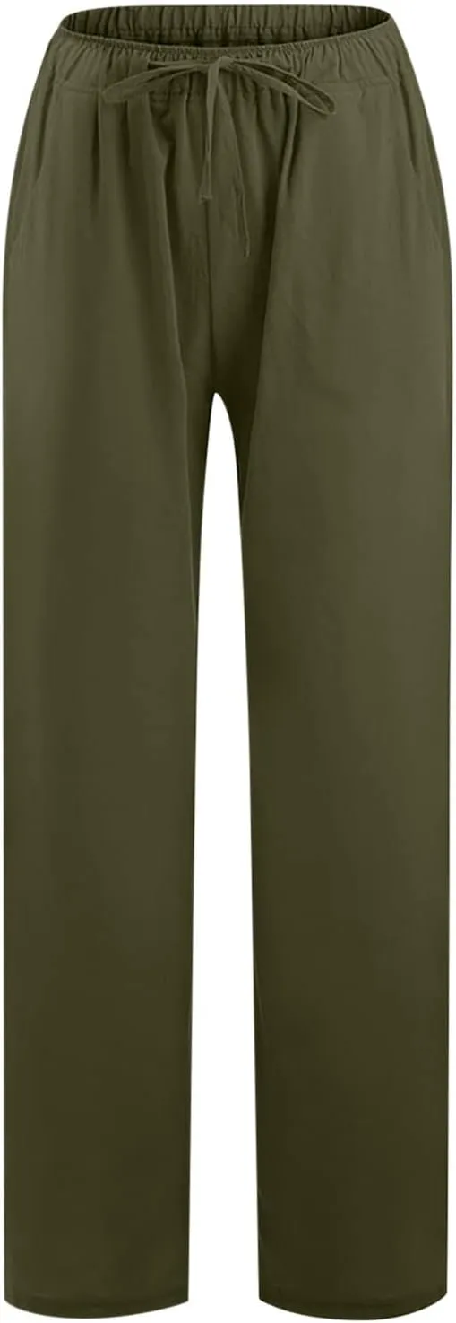 Women's Cotton Linen Pants Summer Casual Wide Leg Pant Loose Drawstring High Waist Palazzo Trousers with Pockets