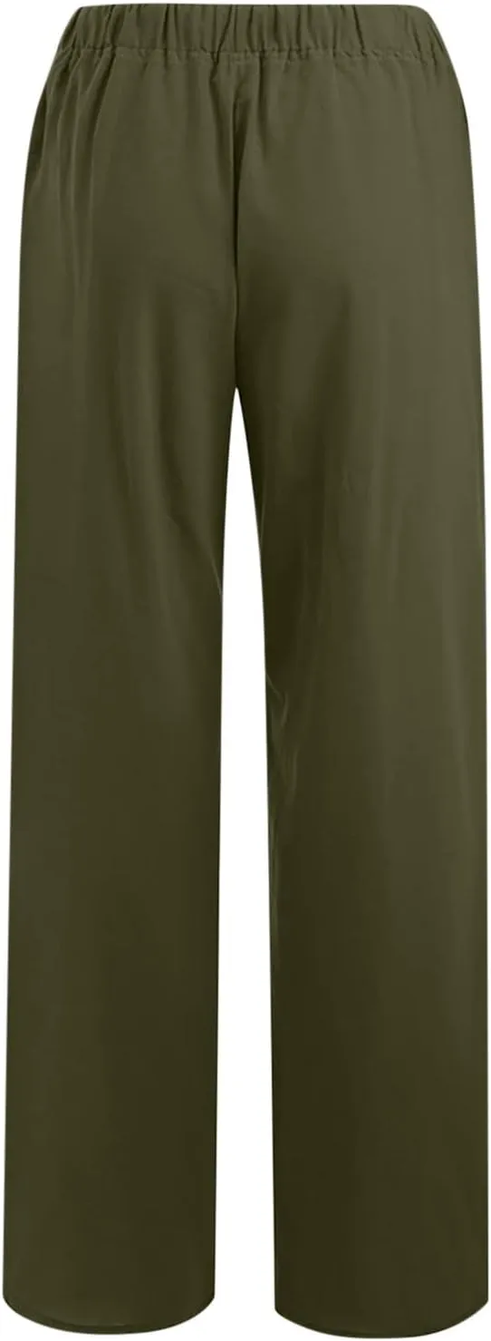 Women's Cotton Linen Pants Summer Casual Wide Leg Pant Loose Drawstring High Waist Palazzo Trousers with Pockets