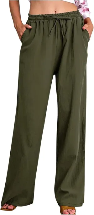 Women's Cotton Linen Pants Summer Casual Wide Leg Pant Loose Drawstring High Waist Palazzo Trousers with Pockets