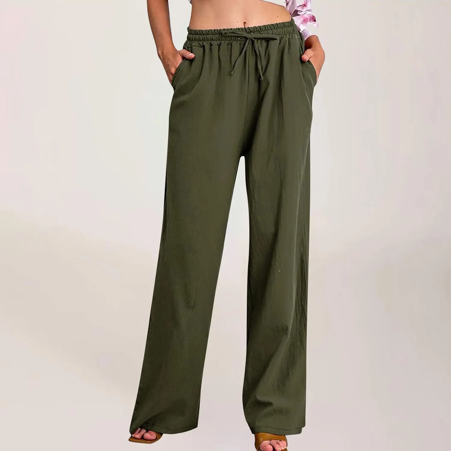 Women's Cotton Linen Pants Summer Casual Wide Leg Pant Loose Drawstring High Waist Palazzo Trousers with Pockets