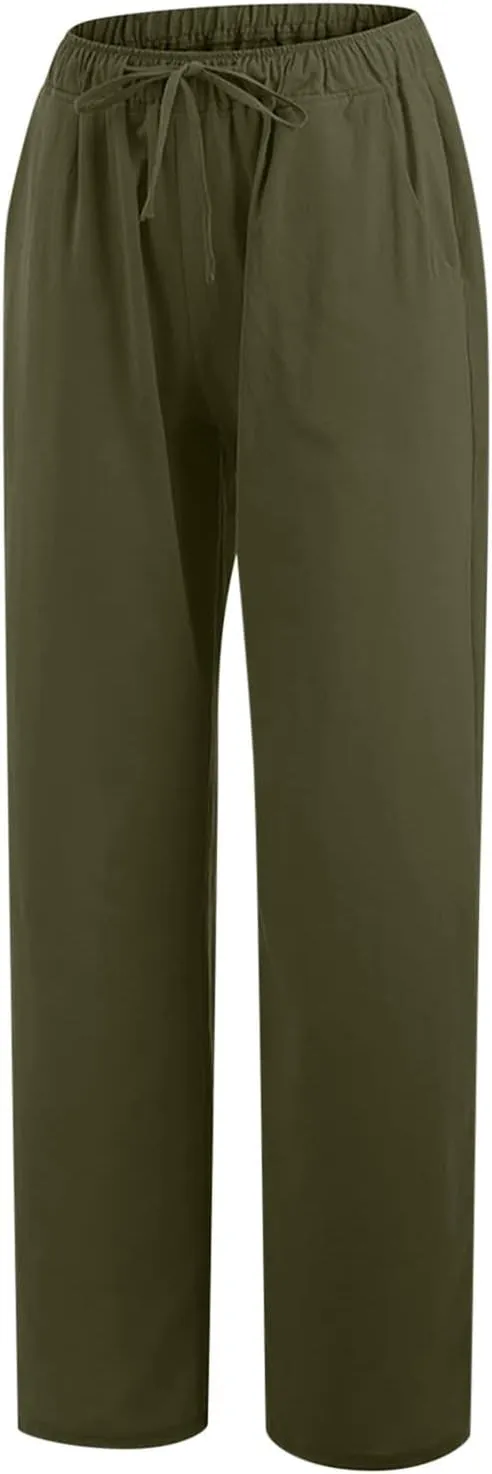 Women's Cotton Linen Pants Summer Casual Wide Leg Pant Loose Drawstring High Waist Palazzo Trousers with Pockets