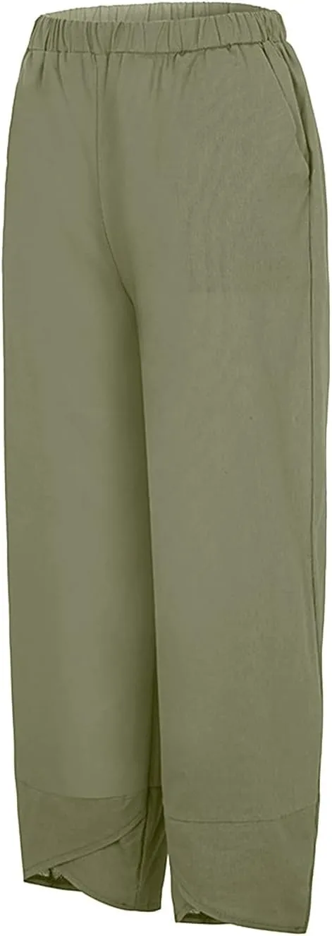 Women's Cotton Linen Summer Comfy Pant Trousers Elastic Waisted Wide Leg Slim-Fit Trousers Business Work