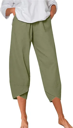 Women's Cotton Linen Summer Comfy Pant Trousers Elastic Waisted Wide Leg Slim-Fit Trousers Business Work