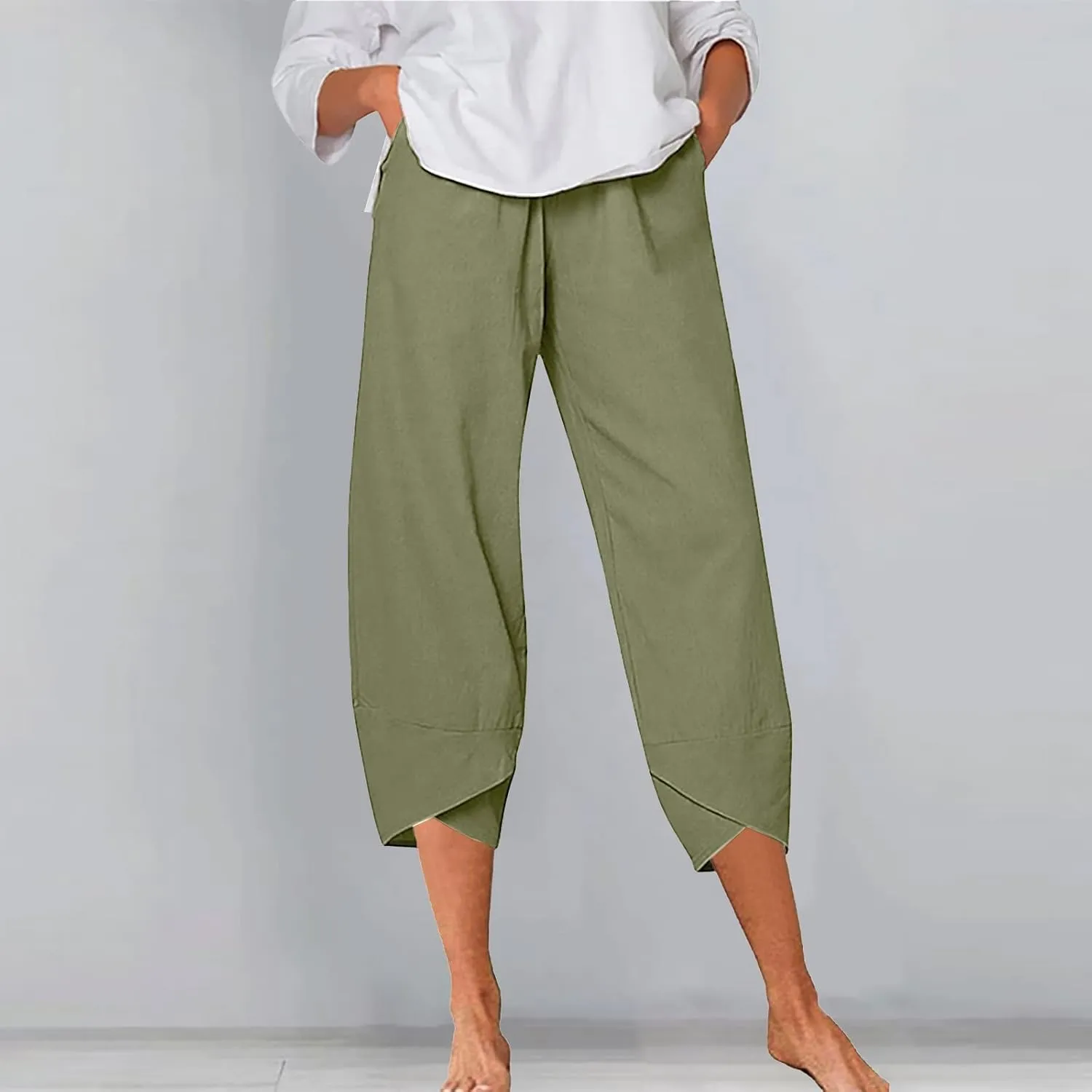Women's Cotton Linen Summer Comfy Pant Trousers Elastic Waisted Wide Leg Slim-Fit Trousers Business Work