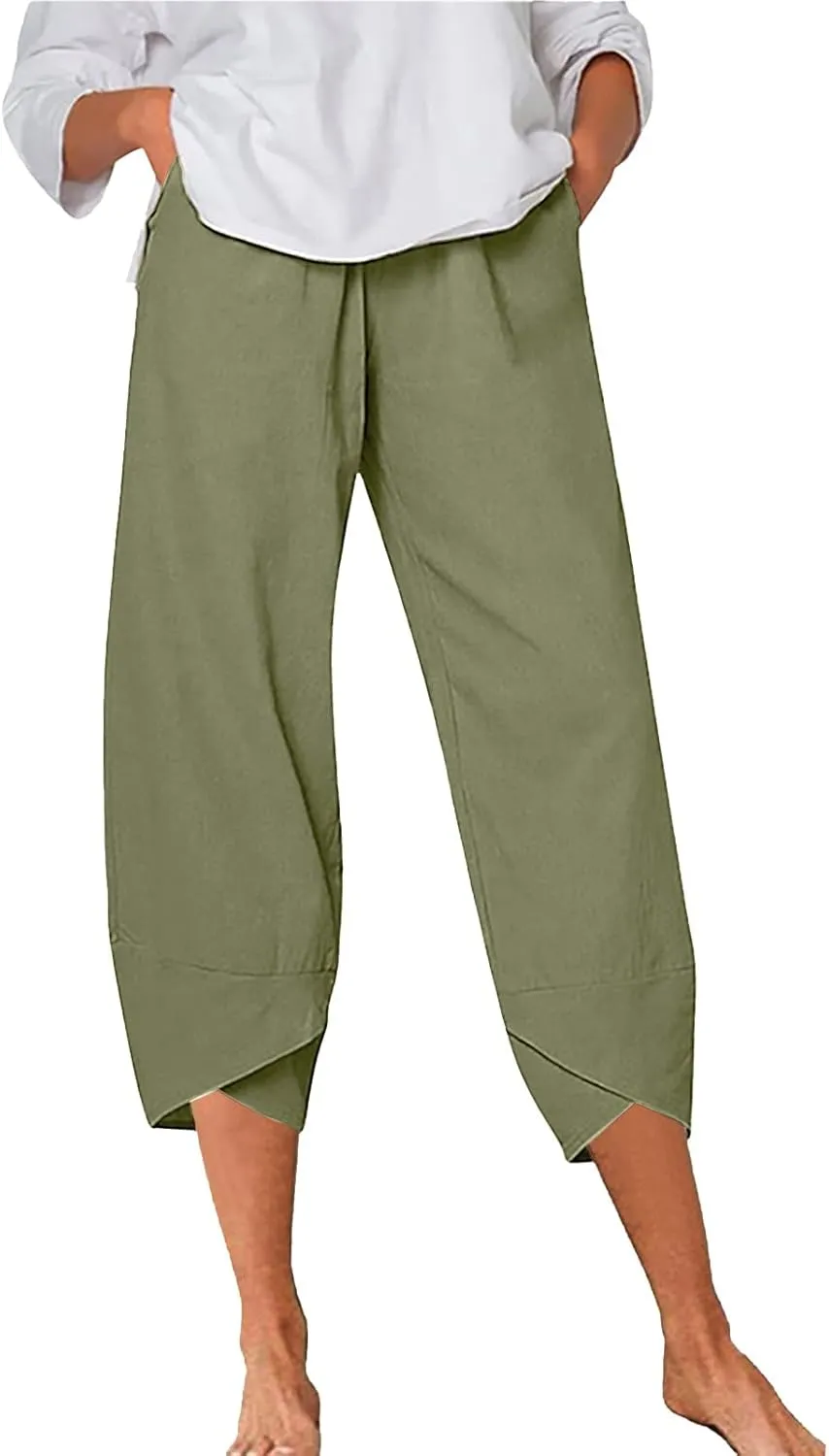 Women's Cotton Linen Summer Comfy Pant Trousers Elastic Waisted Wide Leg Slim-Fit Trousers Business Work