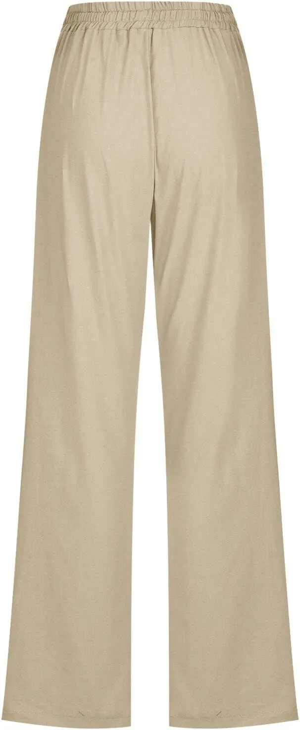 Women's Cotton Linen Summer Loose Flowy Pants Elastic Waisted Wide Leg Plus Size Trouser Business Work