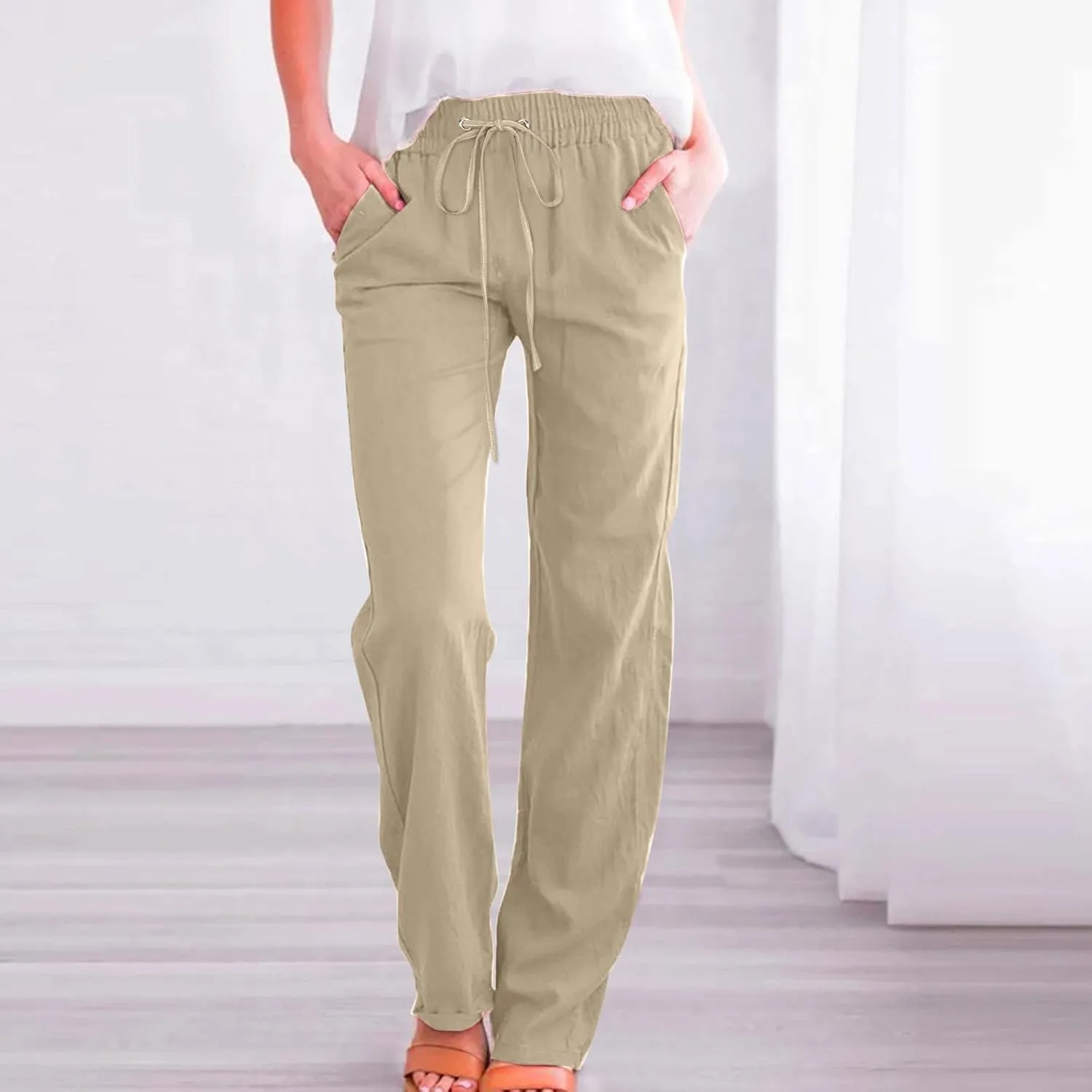 Women's Cotton Linen Summer Loose Flowy Pants Elastic Waisted Wide Leg Plus Size Trouser Business Work