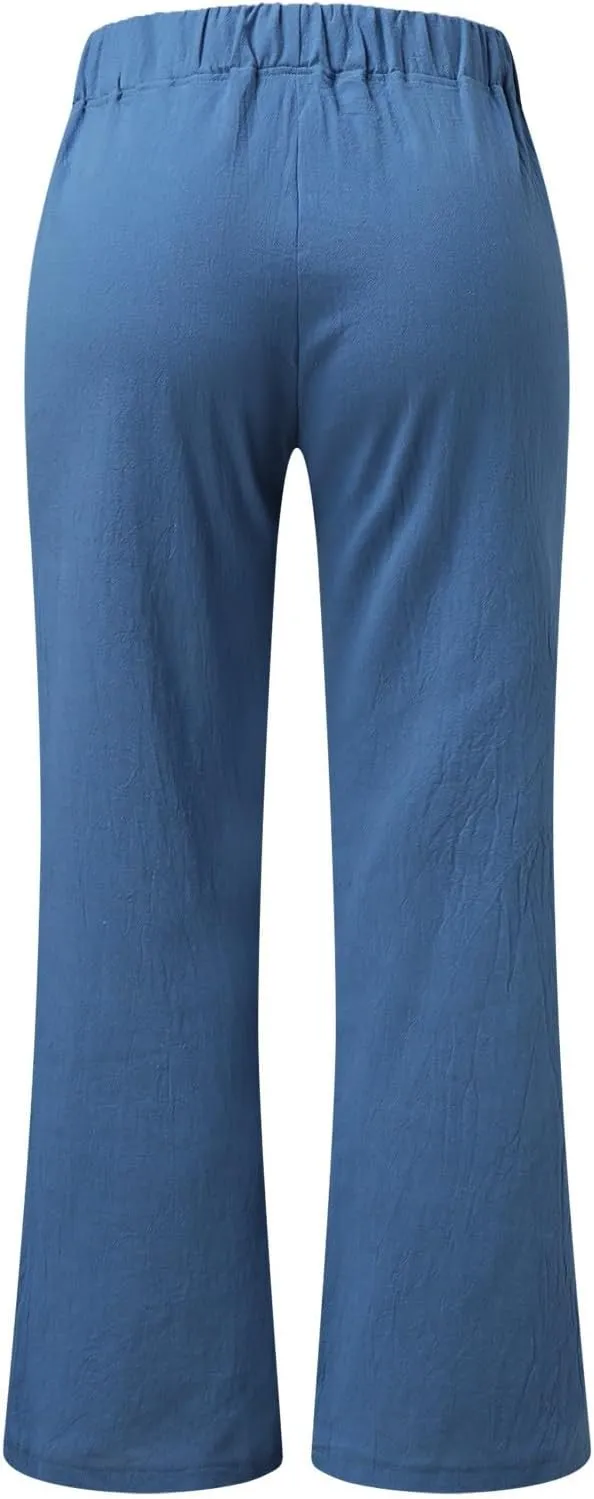 Women's Cotton Linen Summer Loose Palazzo Lounge Pants High Waist Straight Loose Fit Palazzo Pants Work Business