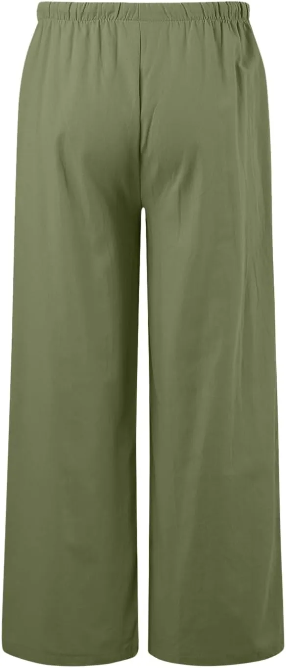 Women's Cotton Linen Summer Palazzo Pants Flowy Wide Leg Beach Trousers Drawstring Elastic Waist Casual Baggy Slacks
