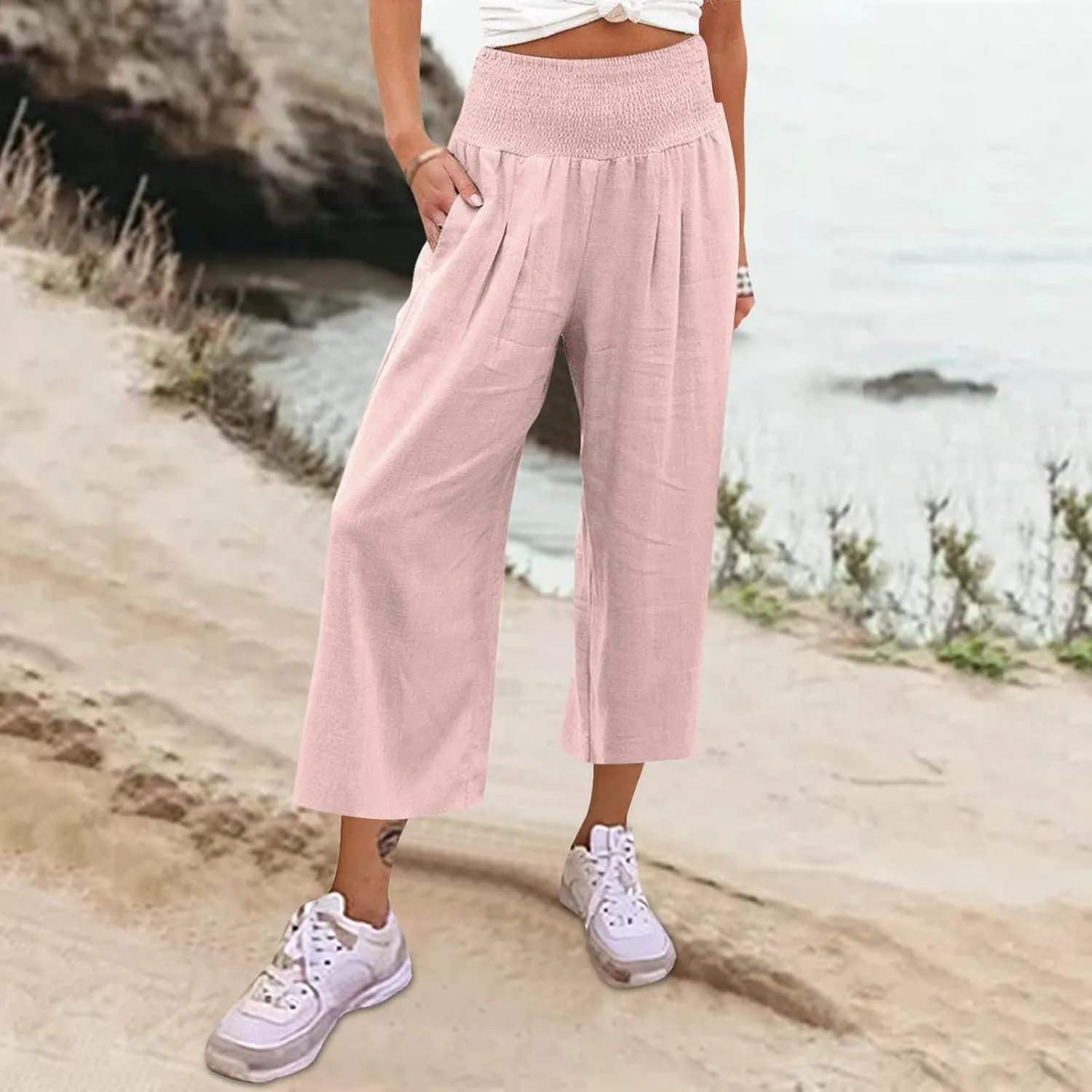 Women's Cotton Linen Summer Print Palazzo Pants Elastic Waisted Straight Plus Size Pant Trousers Vacation