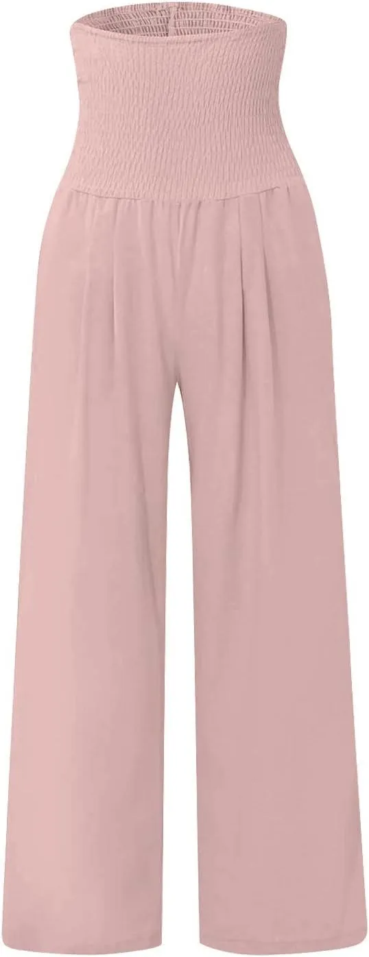 Women's Cotton Linen Summer Print Palazzo Pants Elastic Waisted Straight Plus Size Pant Trousers Vacation