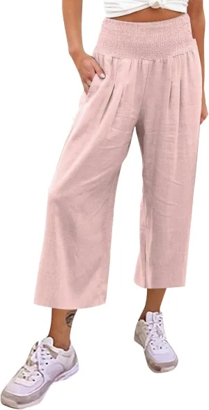 Women's Cotton Linen Summer Print Palazzo Pants Elastic Waisted Straight Plus Size Pant Trousers Vacation