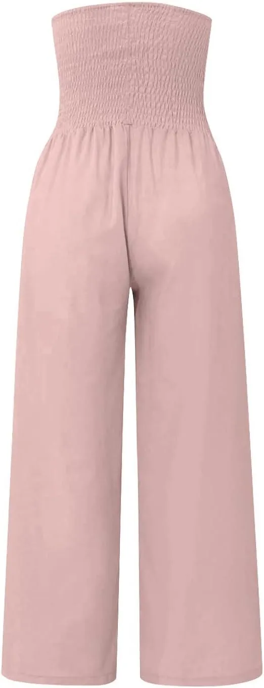 Women's Cotton Linen Summer Print Palazzo Pants Elastic Waisted Straight Plus Size Pant Trousers Vacation