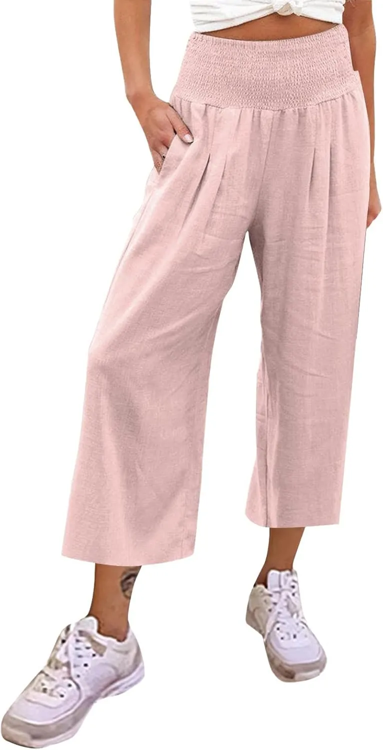 Women's Cotton Linen Summer Print Palazzo Pants Elastic Waisted Straight Plus Size Pant Trousers Vacation