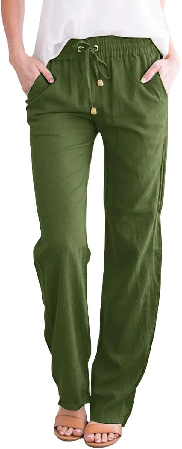 Women's Cotton Linen Summer Split Flowy Palazzo Pants Elastic Waisted Stretchy Straight Slim-Fit Palazzo Lounge
