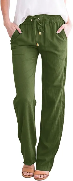Women's Cotton Linen Summer Split Flowy Palazzo Pants Elastic Waisted Stretchy Straight Slim-Fit Palazzo Lounge